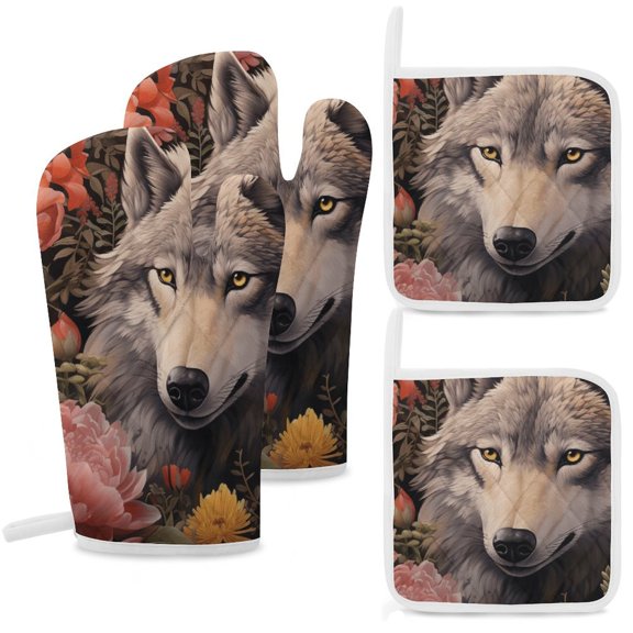 Funny Glasses Wolf Oven Mitt And Pot Holder Set Oven Glove for Kitchen Baking Cooking Grilling