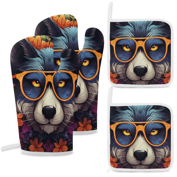 Funny Glasses Wolf Oven Mitts And Pot Holders Sets of 4 Oven Gloves Set Potholders for Kitchen Cooking Baking Grilling Anti Scald Hot Pads And Heat Resistant