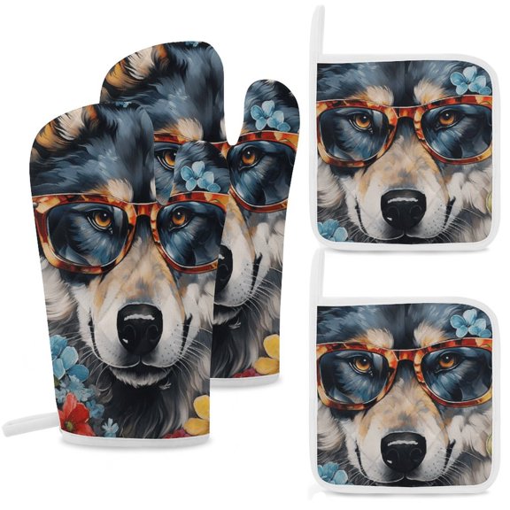 Funny Glasses Wolf Oven Mitts And Pot Holders Sets of 4 Oven Gloves Set Potholders for Kitchen Cooking Baking Grilling Anti Scald Hot Pads And Heat Resistant