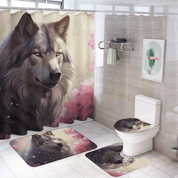 Funny Glasses Wolf Shower Curtain Sets with Rugs 4 Piece Rustic