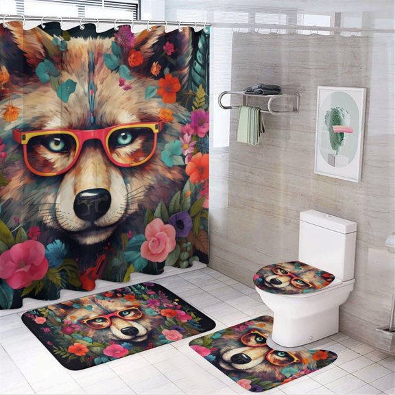 Funny Glasses Wolf Shower Curtain Sets with Rugs 4 Piece Rustic