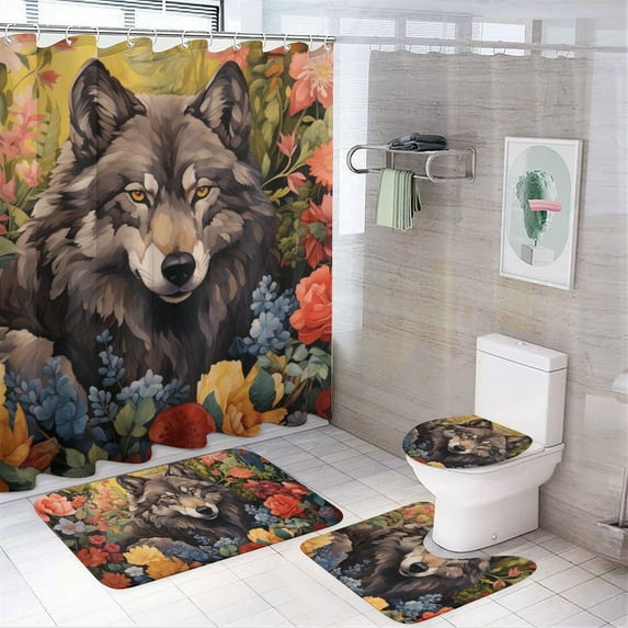 Funny Glasses Wolf Shower Curtain Sets with Rugs 4 Piece Rustic