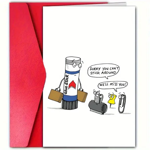 Funny Glue Stick Card "Sorry You Can't Stick Around" Humorous Farewell Greeting Card for Colleagues, Friends, or Family Includes Envelope, Blank Inside