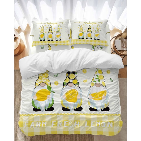 Funny Gnome Bedding Duvet Cover Set Full Size 4 Pieces with Lemon Rustic Yellow Checked Bedding Set with Zipper Closure, 1 Comforter Cover 86x86 Inches 1 Flat Sheet & 2 Pillow Cases
