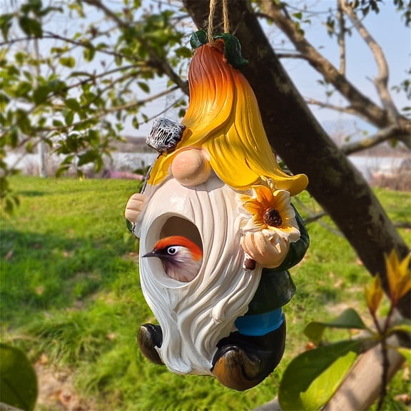 Funny Gnome Birdhouse Statue - White Bearded Welcome Garden Decor Hanging Outdoor Bird House Figurine