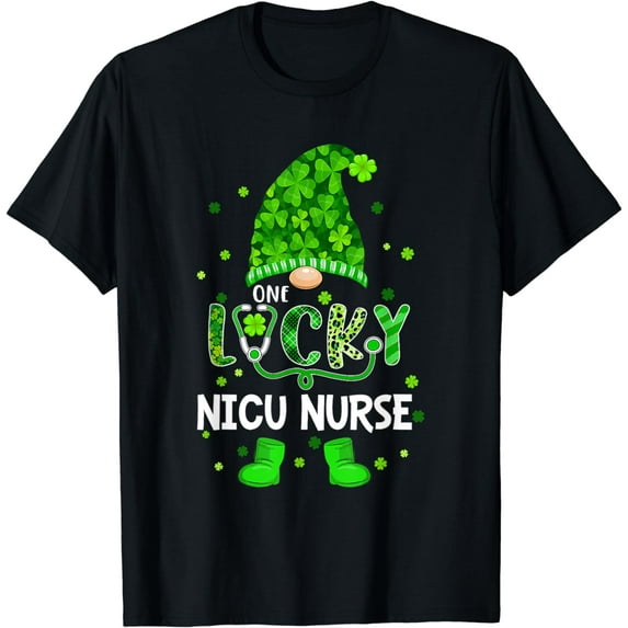 Funny Gnome One Lucky NICU Nurse St Patricks Day Shamrock T-Shirt
