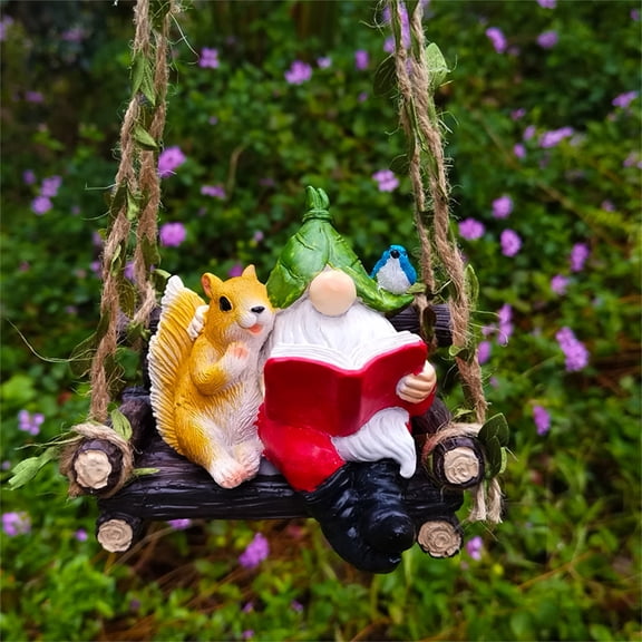 Funny Gnome Reading Book on Swing Statue Decor,Farmhouse Whimsical Gnome and Squirrel Figurine,Resin Gnomes Statue Figures for Home Garden Outdoor Indoor Housewarming,Gnomes Lover Gifts Idea