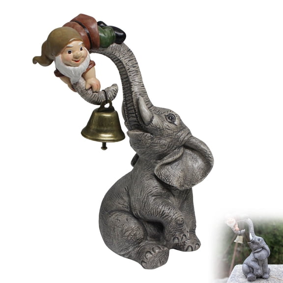 Funny Gnome Resin Figurine, Playful Dwarf Riding Elephant Trunk With Bell, Whimsical Garden Statue For Indoor Outdoor Decor, Patio Planter Shelf Desk Tabletop, Fairy Garden Ornament Gift