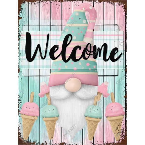 Funny Gnome Welcome Tin Sign, Vintage Metal Wall Decor for Front Door Entryway Porch, Ice Cream Pastel Design, 8 x 12 Inch