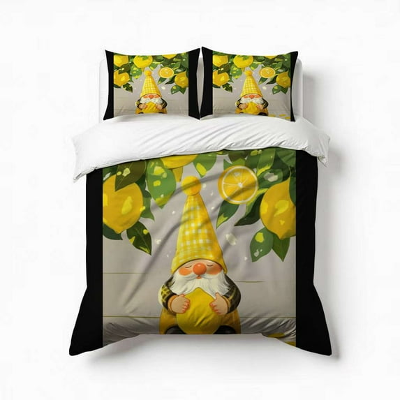 Funny Gnome Yellow Lemon Green Leaf Bedding Set 3 Pcs Soft Microfiber Quilt Cover For Bedroom Decor, Comforter Cover With 2 Pillowcase