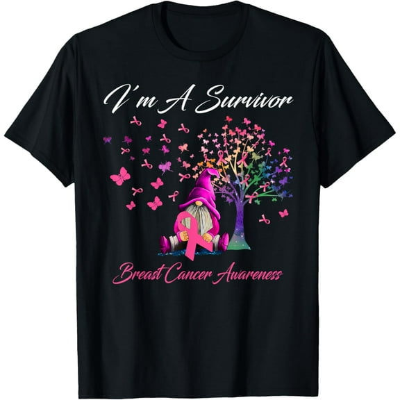 Funny Gnomes I'm A Survivor Breast Cancer Awareness T-ShirtMen and women, Black T-shirt, size: Extra large