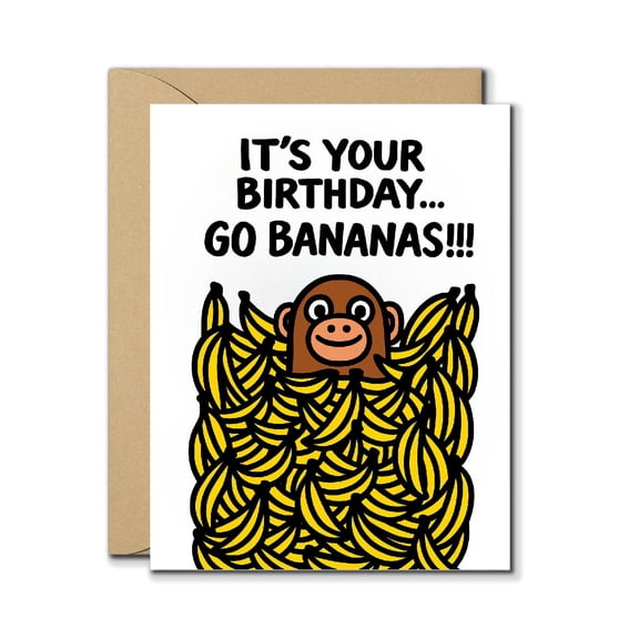 Funny Go Bananas Birthday Card - Monkey in Bananas Illustration - Humorous Birthday Greeting Card for Kids & Adults