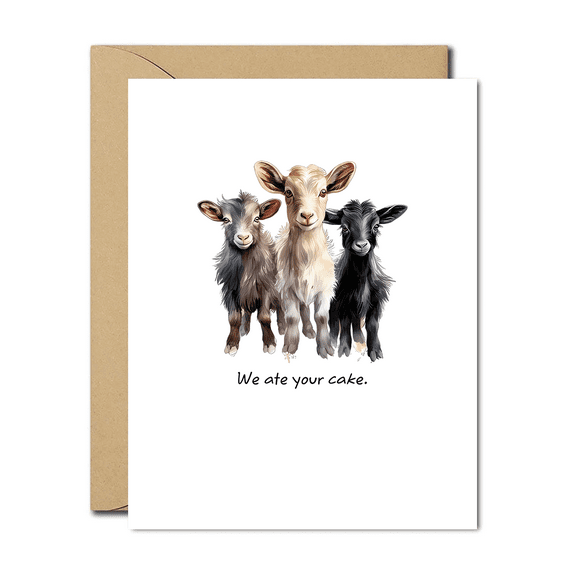 Funny Goat Card – “We Ate Your Cake” Greeting Card Design – Blank Inside with Envelope – Perfect for Birthdays, Apologies, or Just Because