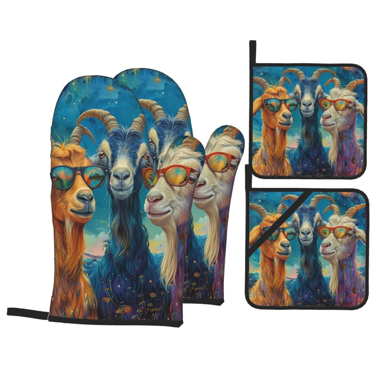Funny Goat Family Psychedelic Art 4Pcs Oven Mitts and Pot Holders Sets Oven Kitchen Gloves Hot Pads for Cooking BBQ Baking Grilling