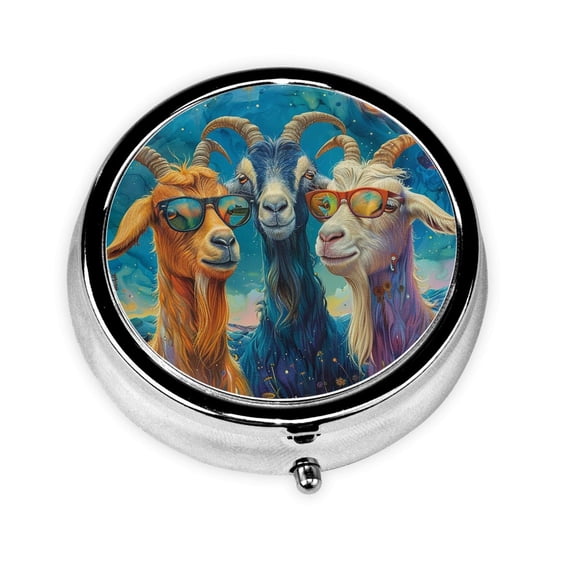 Funny Goat Family Psychedelic Art Mini Round Pill Box Portable Small Pill Case Organizer with 3 Compartments for Pocket Purse