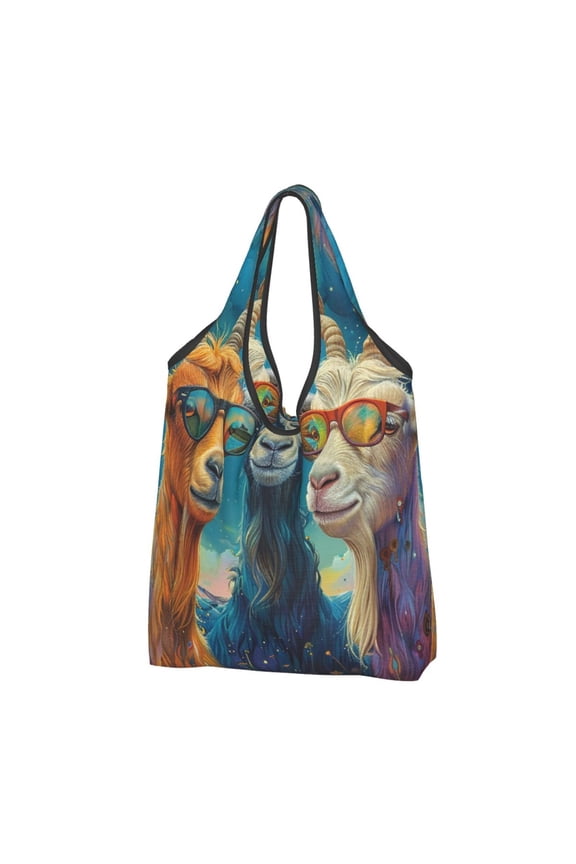 Funny Goat Family Psychedelic Art Reusable Grocery Bags Shopping Totes Foldable Washable Pouch Handbag Storage Bag