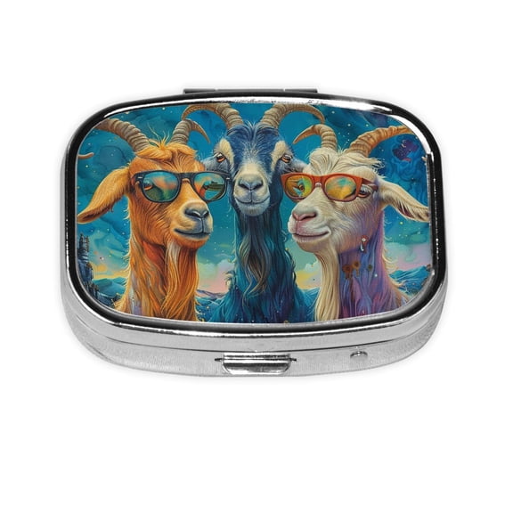 Funny Goat Family Psychedelic Art Square Pill Box 2 Compartment Pill Case Medicine Organizer Decorative Gift for Purse Pocket