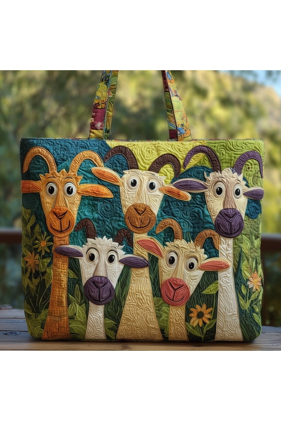 Funny Goat Quilted Tote Bag, Farm Animal Face Pattern Shoulder Tote, Whimsical Country Bag