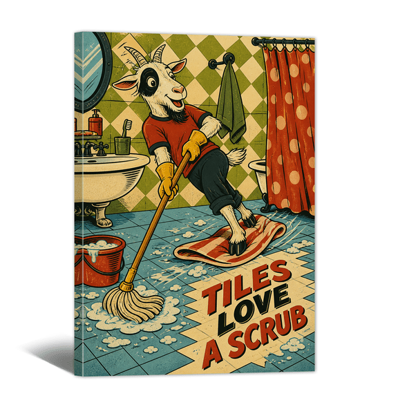 Funny Goat Taking Bath Canvas Wall Art with Tiles Love a Scrub Quote Print, Whimsical Abstract Artwork Humorous Animals Painting for Home, Bedroom, Bathroom Wall Decor
