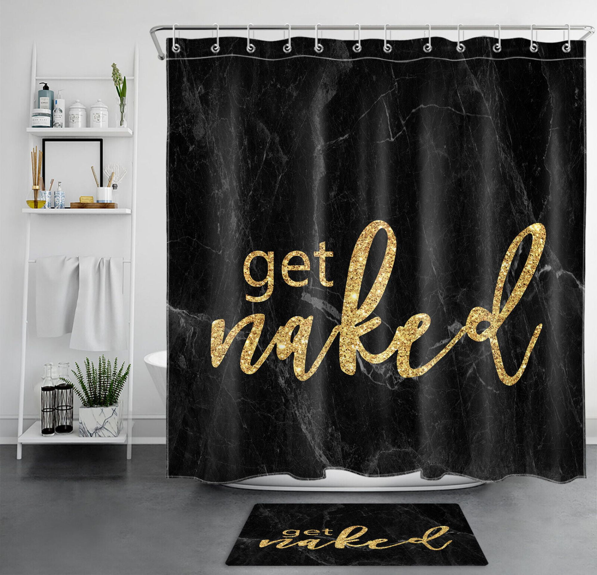 Funny Gold Words Marble Shower Curtain Set Black & Grey Bathroom
