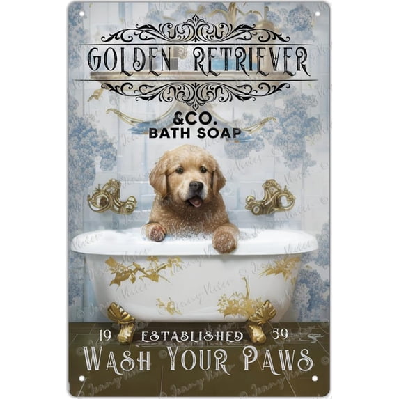 Funny Golden Retriever Decor, Vintage Bathroom and Bathtub Metal Tin Sign Decor, Dog Lovers Gift, Farm Home Bar Restroom Toilet Retro Wall Art Poster Unique Bath Decor 12x8 inches