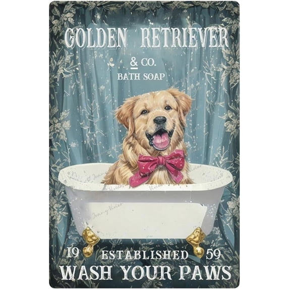 Funny Golden Retriever Decor Wash Your Paws Sign Metal Bathtub Bathroom Decoration Dog Lovers Gift Dog Signs For Home Decor Farmhouse Kitchen Vintage Metal Tin Signs 5.5x8 Inch