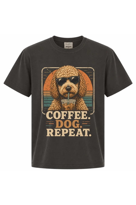 Funny Goldendoodle Coffee Lover T-Shirt Vintage Distressed Dog Drinking Iced Coffee Graphic Tee for Men and Women