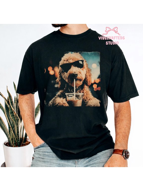 Funny Goldendoodle Coffee Shirt, Dog with Sunglasses Iced Coffee T-shirt