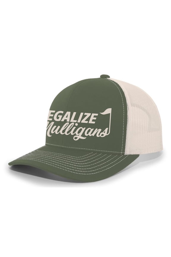 Funny Golf Legalize Mulligans Men's Embroidered Mesh Back Trucker Hat-Moss/Beige