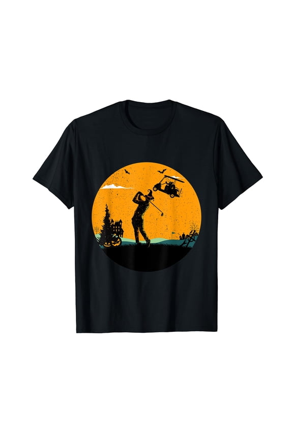Funny Golf Silhouette Golfer Halloween Moon Costumes Cotton Black T-Shirt