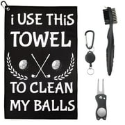 Funny Golf Towel Set, Includes Microfiber Towel with Clip, Brush, and Divot Tool - Perfect Golf Gift for Men, Dads, Husbands, Golf Fans - i USE THIS TOWEL TO CLAEN MY BALLS