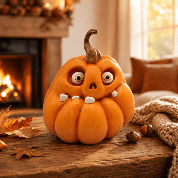 Funny Goofy Face Pumpkin Statue, 5.91 Inch Resin Crazy Eyed Pumpkin Figurine, Whimsical Halloween Fall Tabletop Decor for Mantel Shelf Home