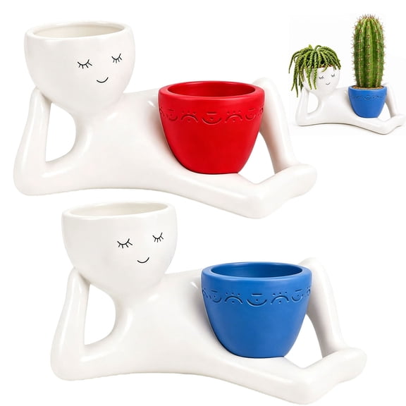 Funny Goofy Plant Pots Lazy Guy Planter Lying Down Face Design with Drainage Resin Cactus for Home Office Decor Gift Idea (Blue)