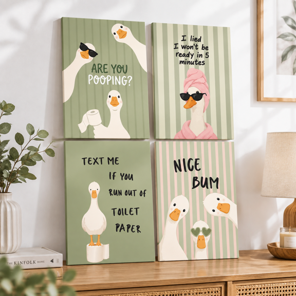 Funny Goose 11x16 Inch Glossy Unframed Bathroom Wall Art Set of 4