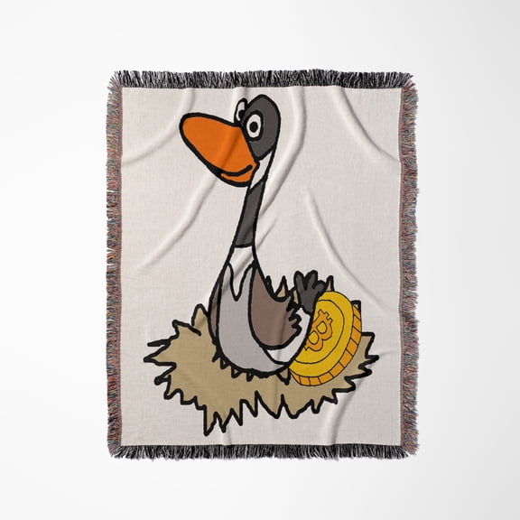 Funny Goose Laying Bitcoin Golden Egg Cryptocurrency Digital Money , Woven Blanket