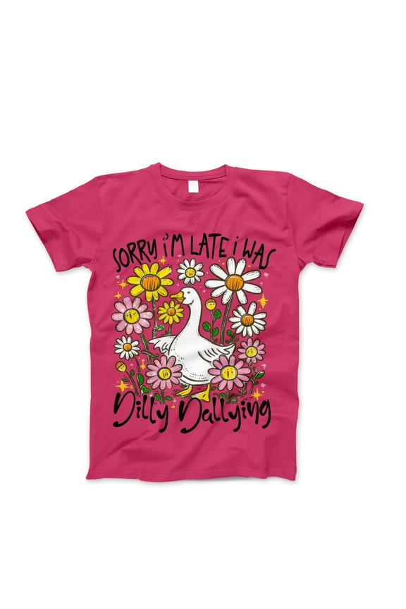 Funny Goose T-Shirt – Sorry I’m Late I Was Dilly Dallying | Cute Farm Animal Tee | Boho Floral Aesthetic Shirt | Cottagecore Gift for Women & Girls