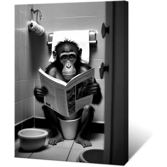 AatoeaX Funny Gorilla Bathroom Canvas Wall Art Cute Monkey In Toilet Posters Black and White Animal Prints Painting Maximalist Mid Century Modern Aesthetic Wall Decor