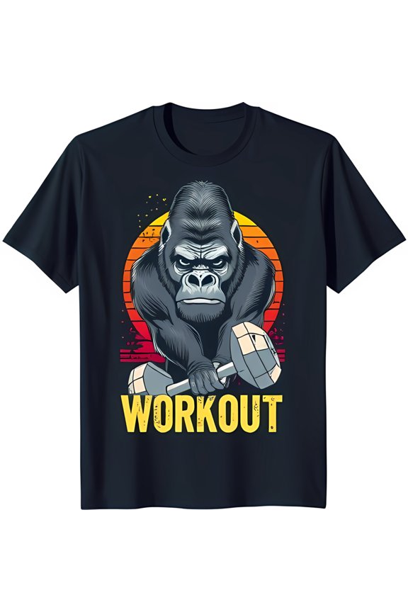 Funny Gorilla Lifting Weights Graphic on Black T-Shirt Retro Sunset Design