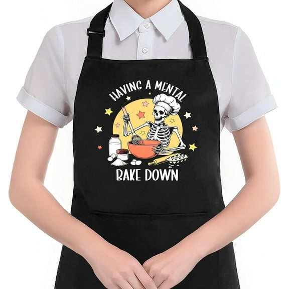 Funny Gothic Skeleton Baking Apron with Pockets, Funny Baking Gifts, Having a Mental Bake Down Waterproof Adjustable Cooking Apron for Kitchen Dishwashing Grilling