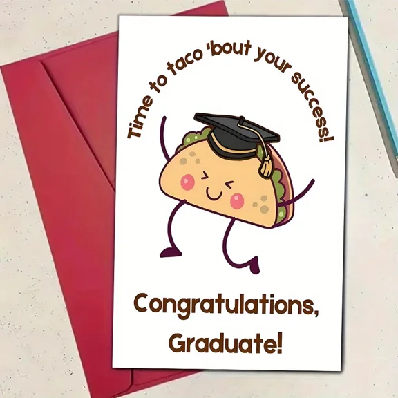 Funny Graduation Card - Time to Taco 'Bout Your Success! Cute Taco Character Design Envelope Included, Blank Inside Perfect Graduation Gift for Students