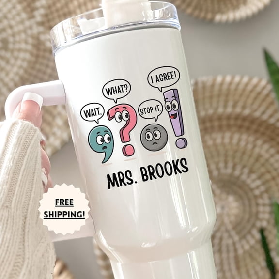 Funny Grammar Teacher Tumbler Personalized SLP Gift Punctuation Characters Custom Name ELA Travel Mug, 20 Oz