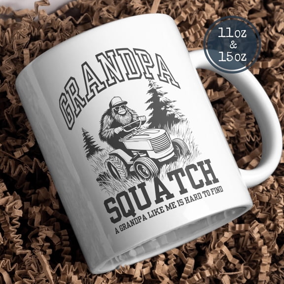 Funny Grandpa Sasquatch Ceramic Mug, Father's Day Gift, Cryptid Dad Present, Bigfoot Lawn Mower Cup, Personalized Grandfather Gift, Unique Mug for Him