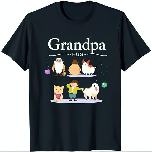 Funny Grandpa T-Shirt with Cartoon Family & 'Grandpa HUG' Design Black Crew Neck Tee