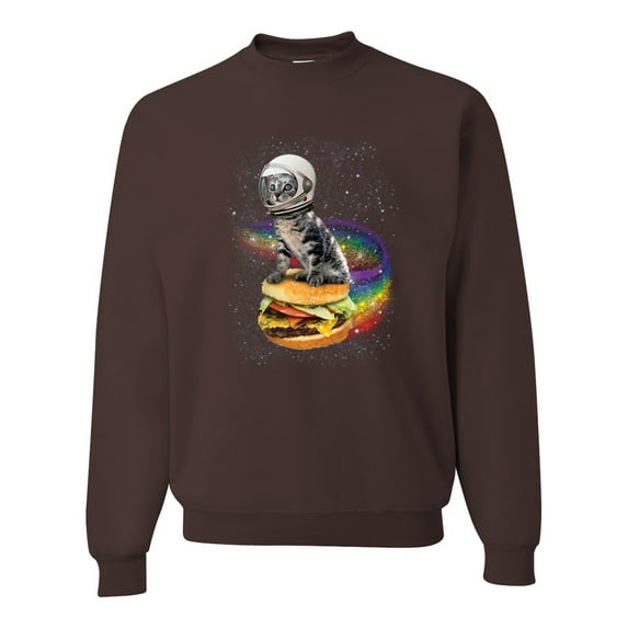 Funny Graphic Astronaut Cat in Space on Cheeseburger | Mens Cat Lover Crewneck Graphic Sweatshirt, Brown, Small