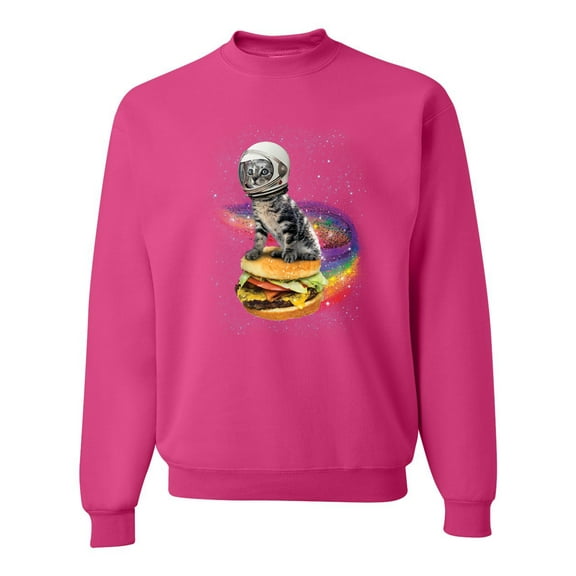 Funny Graphic Astronaut Cat in Space on Cheeseburger | Mens Cat Lover Crewneck Graphic Sweatshirt, Fuschia, Medium