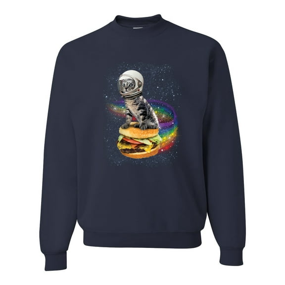 Funny Graphic Astronaut Cat in Space on Cheeseburger | Mens Cat Lover Crewneck Graphic Sweatshirt, Navy, X-Large