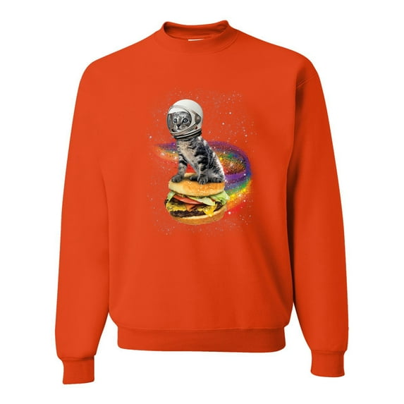 Funny Graphic Astronaut Cat in Space on Cheeseburger | Mens Cat Lover Crewneck Graphic Sweatshirt, Orange, 3XL