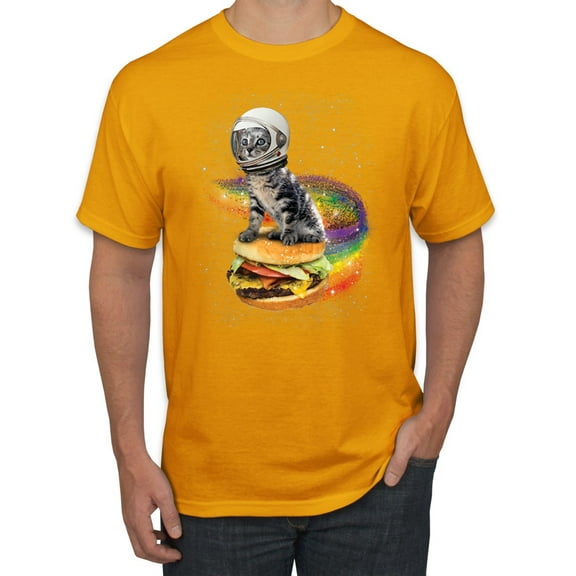 Funny Graphic Astronaut Cat in Space on Cheeseburger | Mens Cat Lover Graphic T-Shirt, Gold, Small