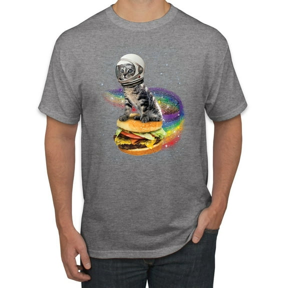 Funny Graphic Astronaut Cat in Space on Cheeseburger | Mens Cat Lover Graphic T-Shirt, Heather Grey, 2XL