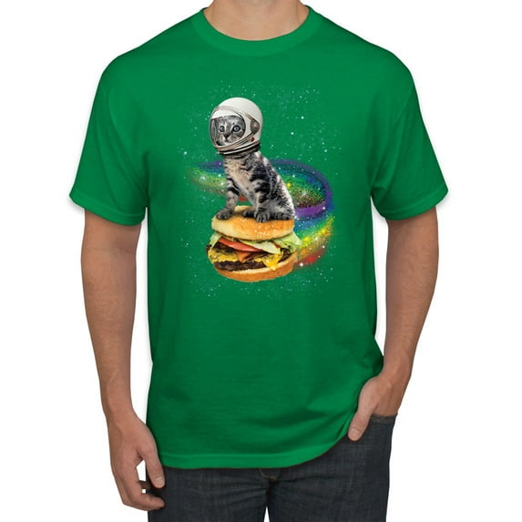 Funny Graphic Astronaut Cat in Space on Cheeseburger | Mens Cat Lover Graphic T-Shirt, Kelly, 2XL